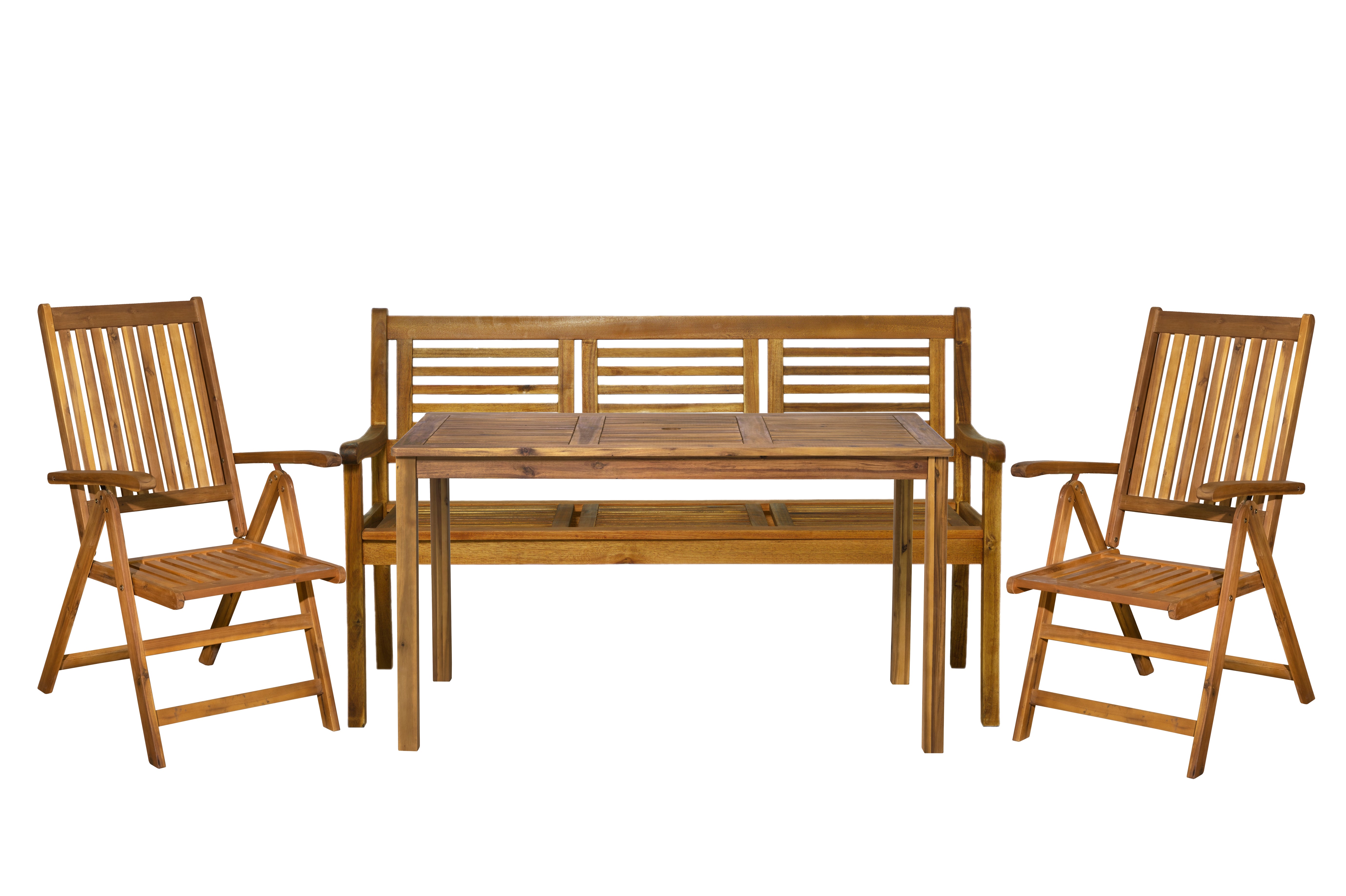 TPFGarden Sitzgruppe Akana mit 2 Stühlen, 1 Bank und 1 Tisch mit Schirmloch - 135x80 cm - Akazienholz geölt TPFGarden Sitzgruppe Akana mit 2 Stühlen, 1 Bank und 1 Tisch mit Schirmloch - 135x80 cm - Akazienholz geölt
