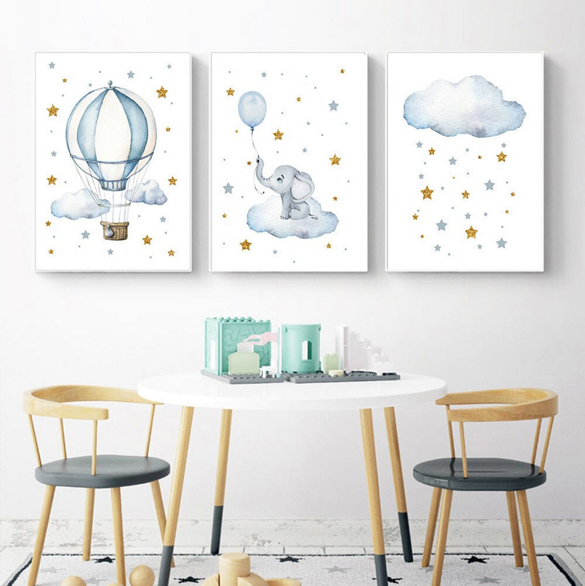 TPFLiving Poster Leinwand / Elefantenbaby, Luftballon, Sterne, Heißluftallon - Für Kinderzimmer - / Verschiedene Größen - OHNE Rahmen - Modell 3-pieces TPFLiving Poster Leinwand / Elefantenbaby, Luftballon, Sterne, Heißluftallon - Für Kinderzimmer - / Verschiedene Größen - OHNE Rahmen - Modell 3-pieces