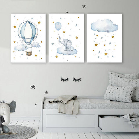 TPFLiving Poster Leinwand / Elefantenbaby, Luftballon, Sterne, Heißluftallon - Für Kinderzimmer - / Verschiedene Größen - OHNE Rahmen - Modell 3-pieces TPFLiving Poster Leinwand / Elefantenbaby, Luftballon, Sterne, Heißluftallon - Für Kinderzimmer - / Verschiedene Größen - OHNE Rahmen - Modell 3-pieces