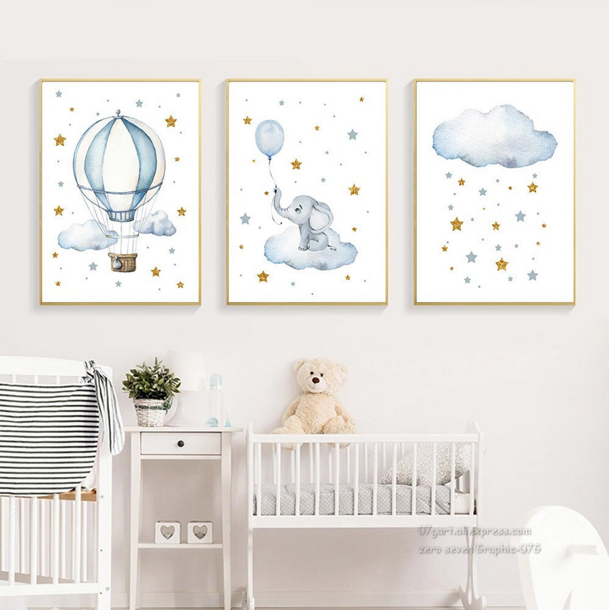 TPFLiving Poster Leinwand / Elefantenbaby, Luftballon, Sterne, Heißluftallon - Für Kinderzimmer - / Verschiedene Größen - OHNE Rahmen - Modell 3-pieces TPFLiving Poster Leinwand / Elefantenbaby, Luftballon, Sterne, Heißluftallon - Für Kinderzimmer - / Verschiedene Größen - OHNE Rahmen - Modell 3-pieces