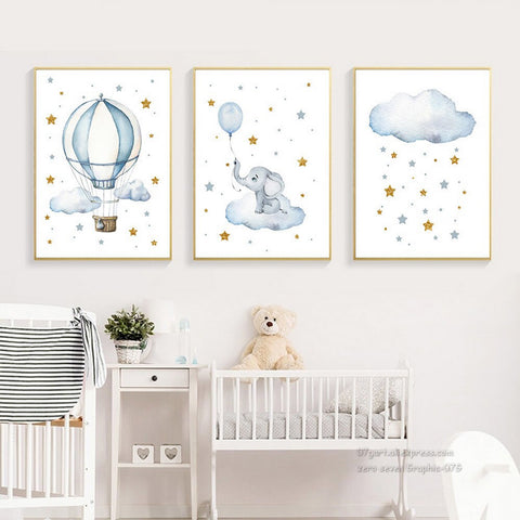 TPFLiving Poster Leinwand / Elefantenbaby, Luftballon, Sterne, Heißluftallon - Für Kinderzimmer - / Verschiedene Größen - OHNE Rahmen - Modell 3-pieces TPFLiving Poster Leinwand / Elefantenbaby, Luftballon, Sterne, Heißluftallon - Für Kinderzimmer - / Verschiedene Größen - OHNE Rahmen - Modell 3-pieces