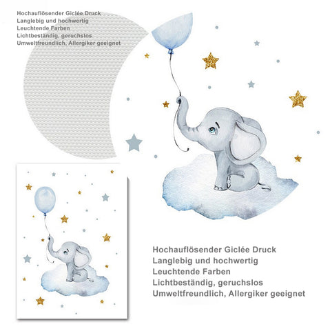 TPFLiving Poster Leinwand / Elefantenbaby, Luftballon, Sterne, Heißluftallon - Für Kinderzimmer - / Verschiedene Größen - OHNE Rahmen - Modell 3-pieces TPFLiving Poster Leinwand / Elefantenbaby, Luftballon, Sterne, Heißluftallon - Für Kinderzimmer - / Verschiedene Größen - OHNE Rahmen - Modell 3-pieces