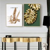 TPFLiving Luxus Poster Leinwand - Goldene Blätter auf grünem und weißem Hintergrund - 7 verschiedene Größen - Günstiges 3-er Set OHNE Rahmen - Modell A