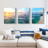 TPFLiving Luxus Poster Leinwand - Romantische Küstenlandschaft - Sonnenuntergang, Strand und Meer - Gelb, Blau, Beeige - 7 verschiedene Größen - Günstiges 3-er Set OHNE Rahmen - SET