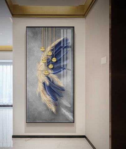 TPFLiving Leinwandbild Kunstdruck - Nordic Art Blaue und goldene Federn - OHNE Rahmen - Bilder Wohnzimmer - Modell TPFL-LW-67-MB