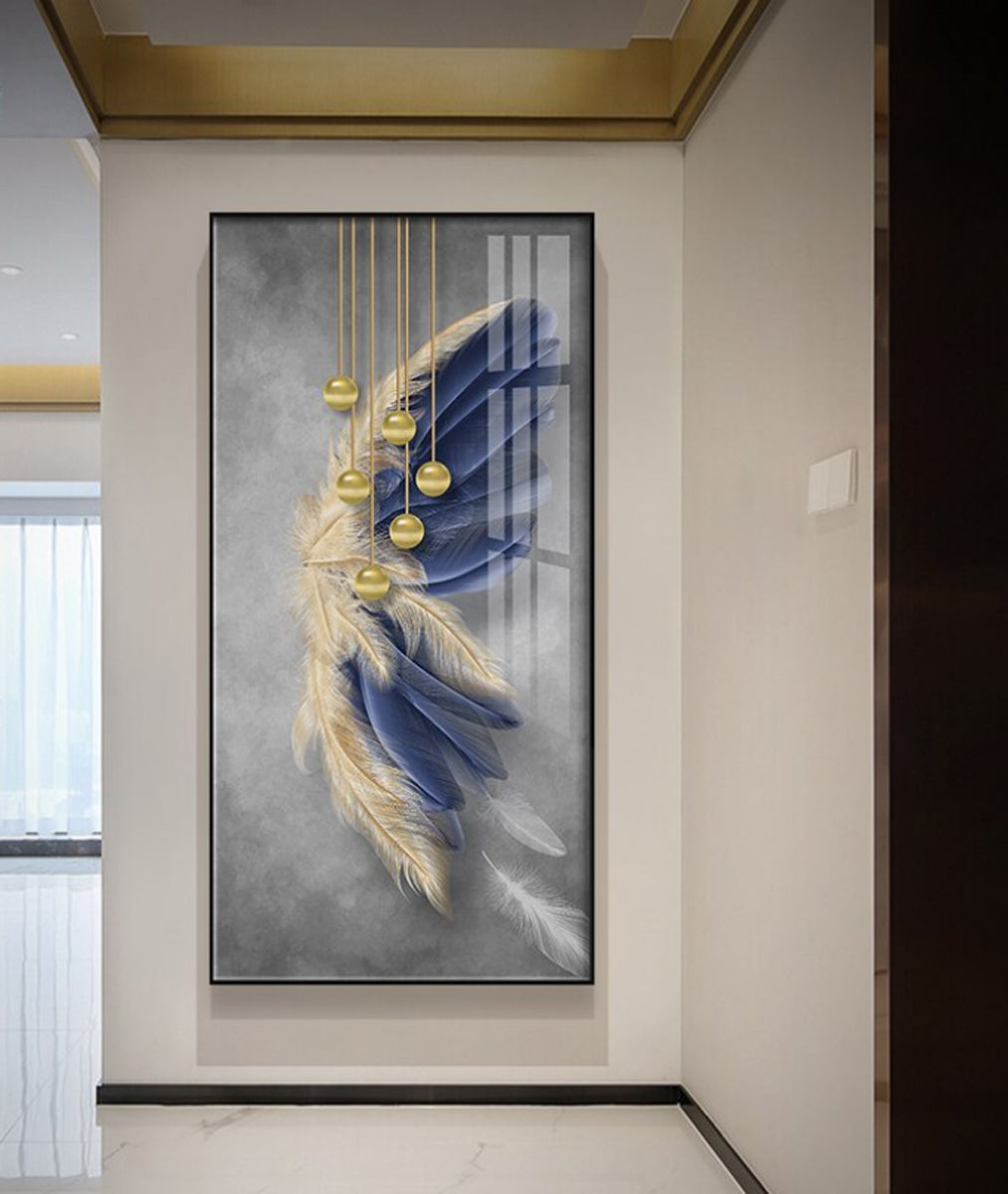 TPFLiving Leinwandbild Kunstdruck - Nordic Art Blaue und goldene Federn - OHNE Rahmen - Bilder Wohnzimmer - Modell TPFL-LW-67-MD