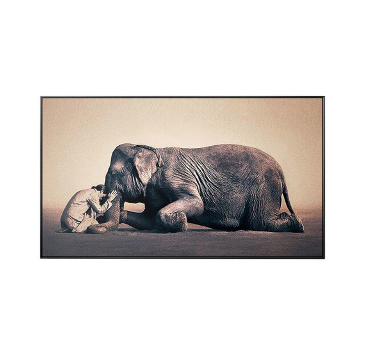 TPFLiving Poster Canvas / Kneeling Elephant and Praying Child in Brown –  Traumpreisfabrik