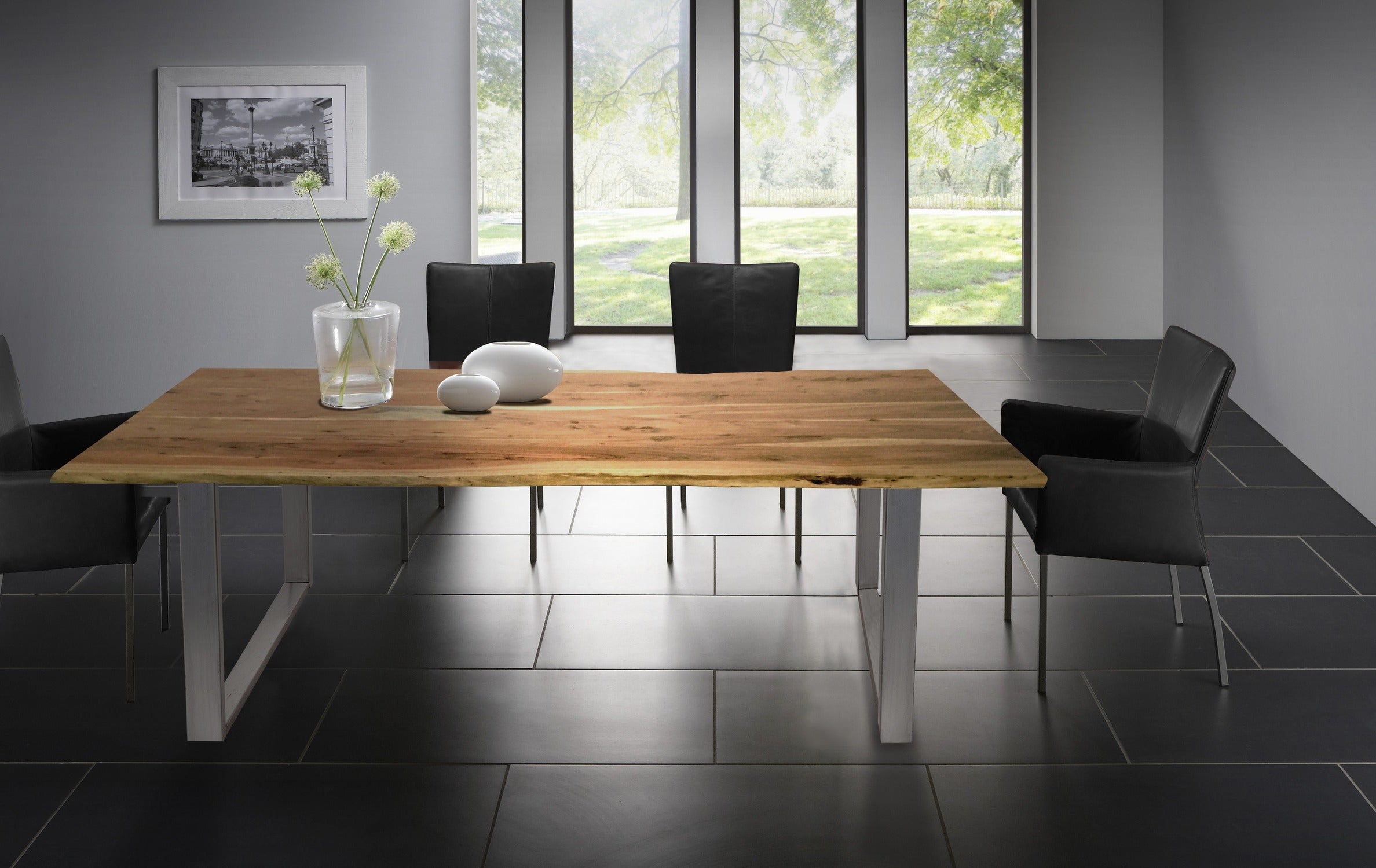 TPFLiving Platte Melbourne Akazie, Gestell Stahl Platte natur antikfinish lackiert, Gestell antiksilbern lackiert