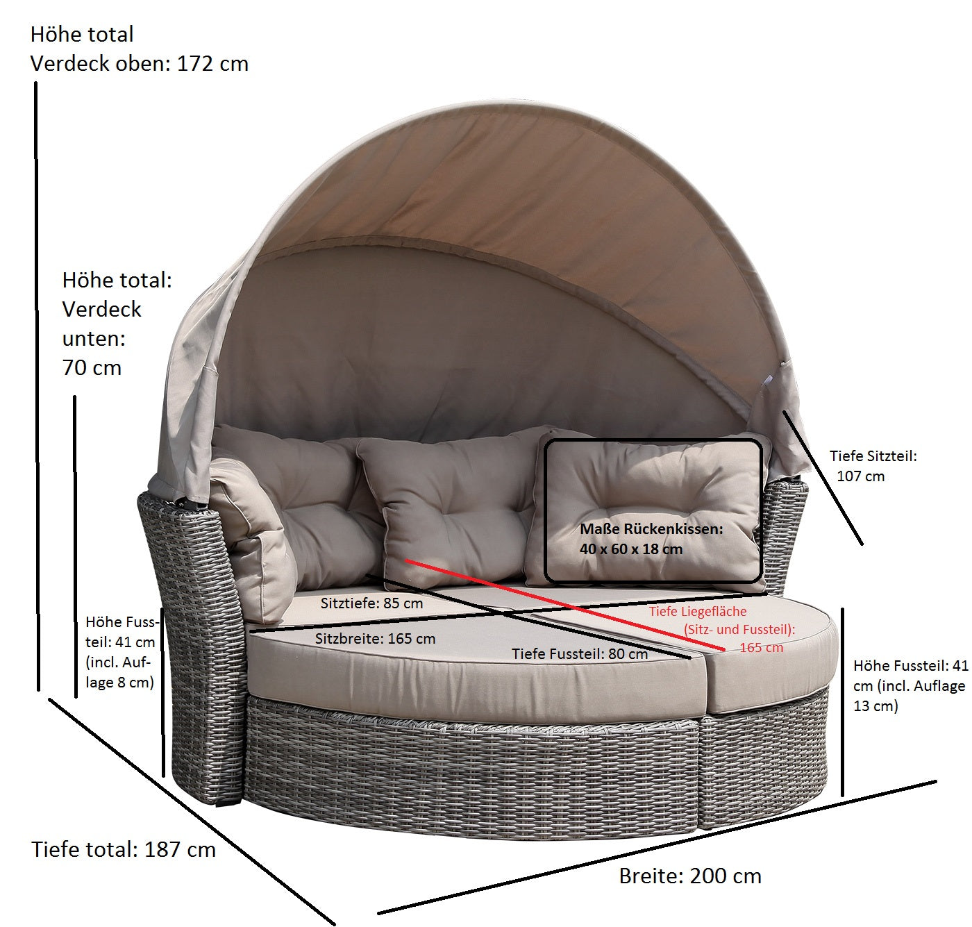TPFGarden® Liegeinsel, Alu + Polyrattan Grau Bicolor, Polster Taupe