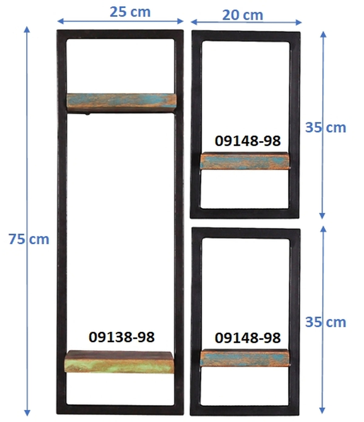 TPFLiving Wandregal-Set, 3-teilig Anchorage Altholz mit starken Gebrauchsspuren, lackiert, Rahmen aus Metall bunt, schwarz
