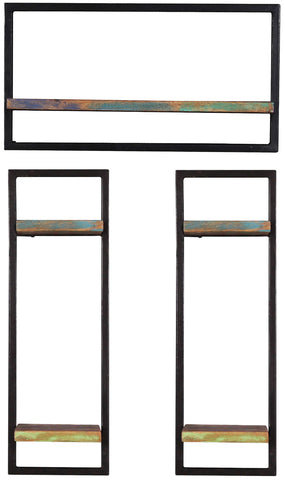 TPFLiving Wandregal-Set, 3-teilig Anchorage Altholz mit starken Gebrauchsspuren, lackiert, Rahmen aus Metall bunt, schwarz