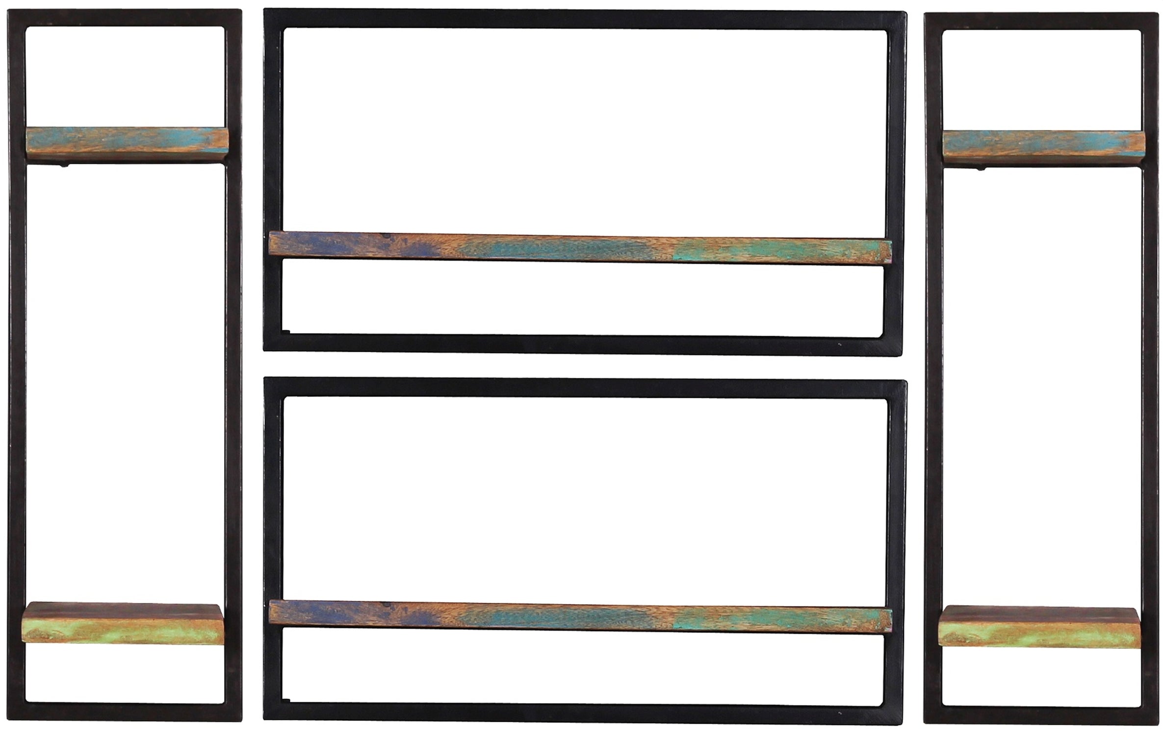 TPFLiving Wandregal-Set, 4-teilig Anchorage Altholz mit starken Gebrauchsspuren, lackiert, Rahmen aus Metall bunt, schwarz