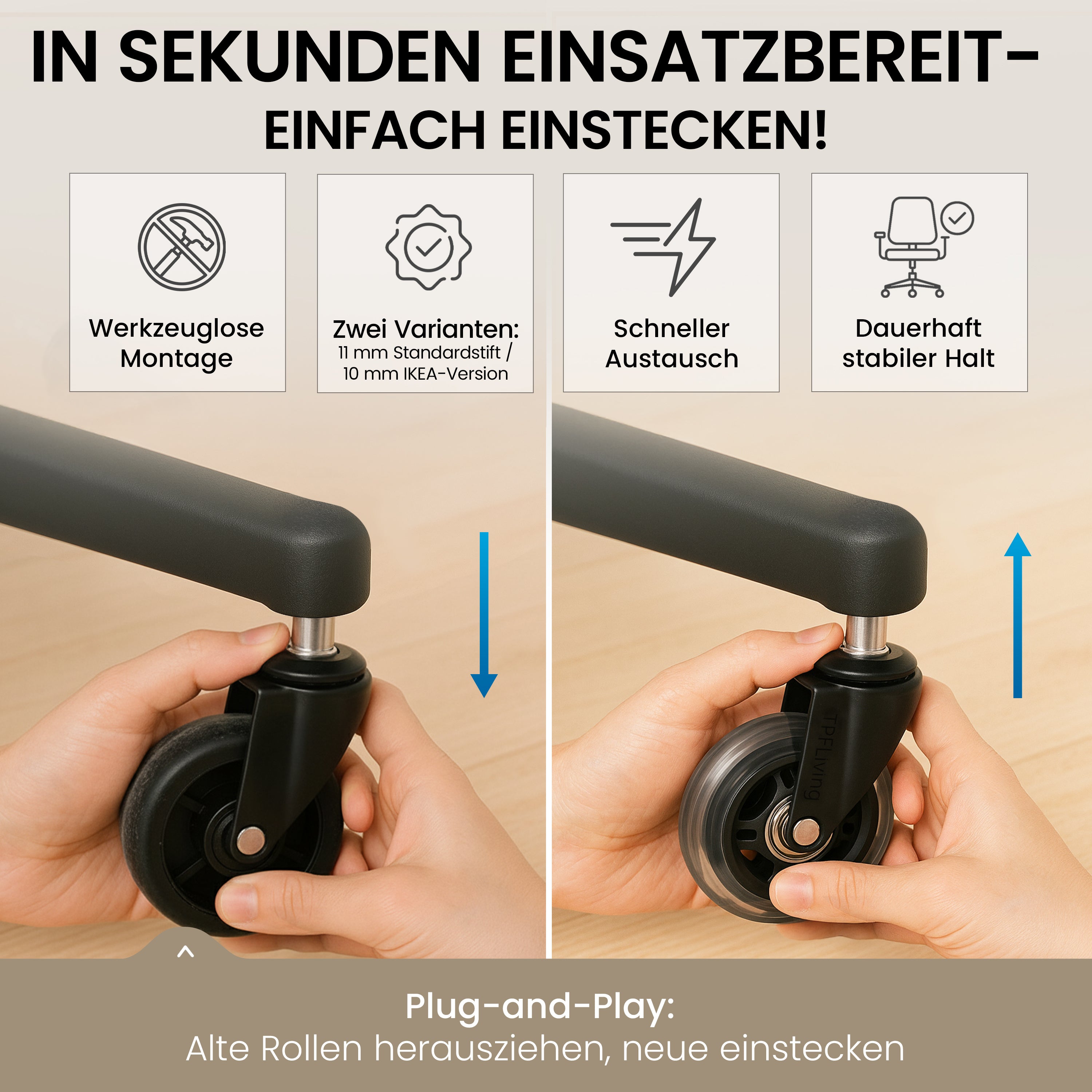 TPFLiving Premium Bürostuhlrollen – Ersatzrollen für Bürostuhl (5er Set)