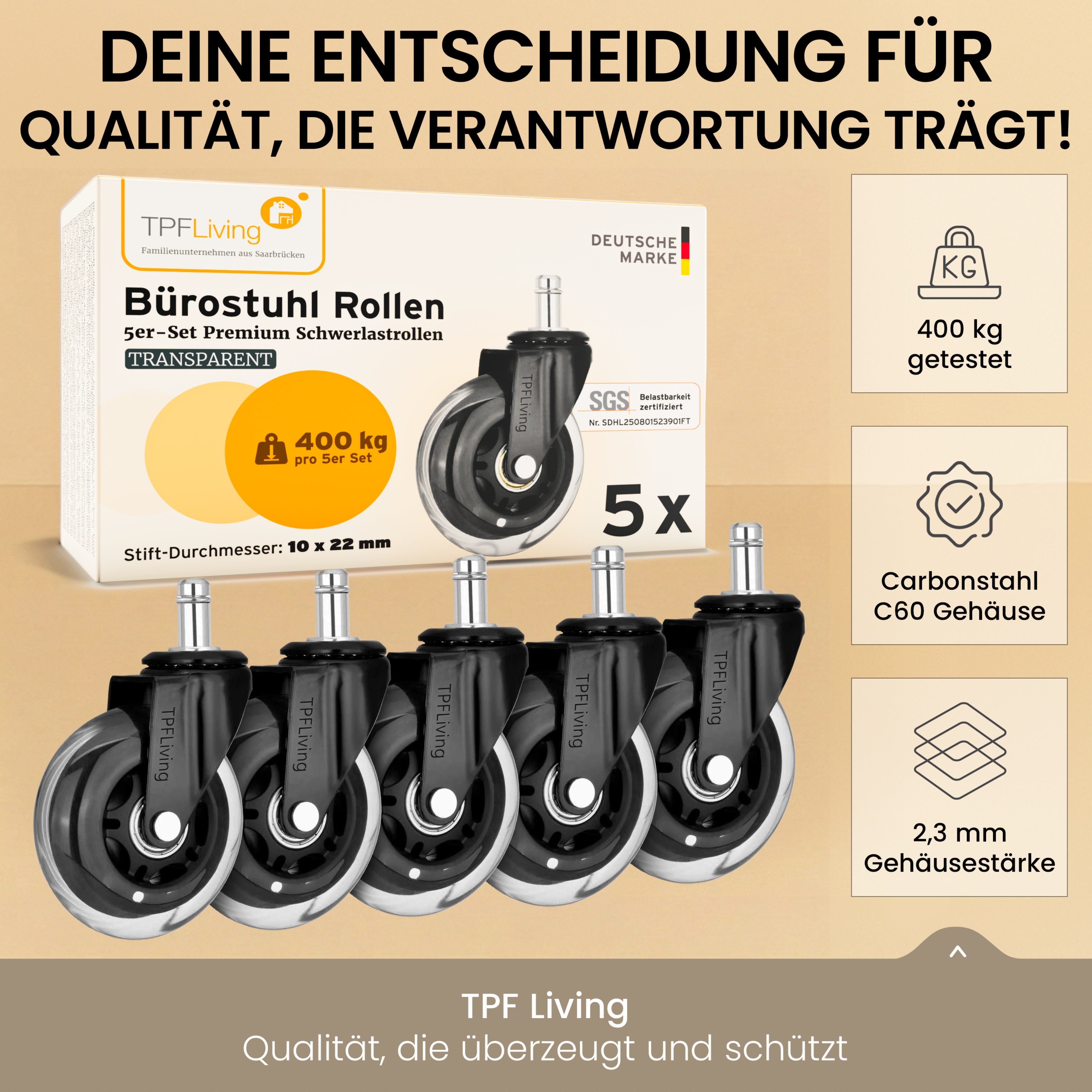 TPFLiving Premium Bürostuhlrollen – Ersatzrollen für Bürostuhl (5er Set)