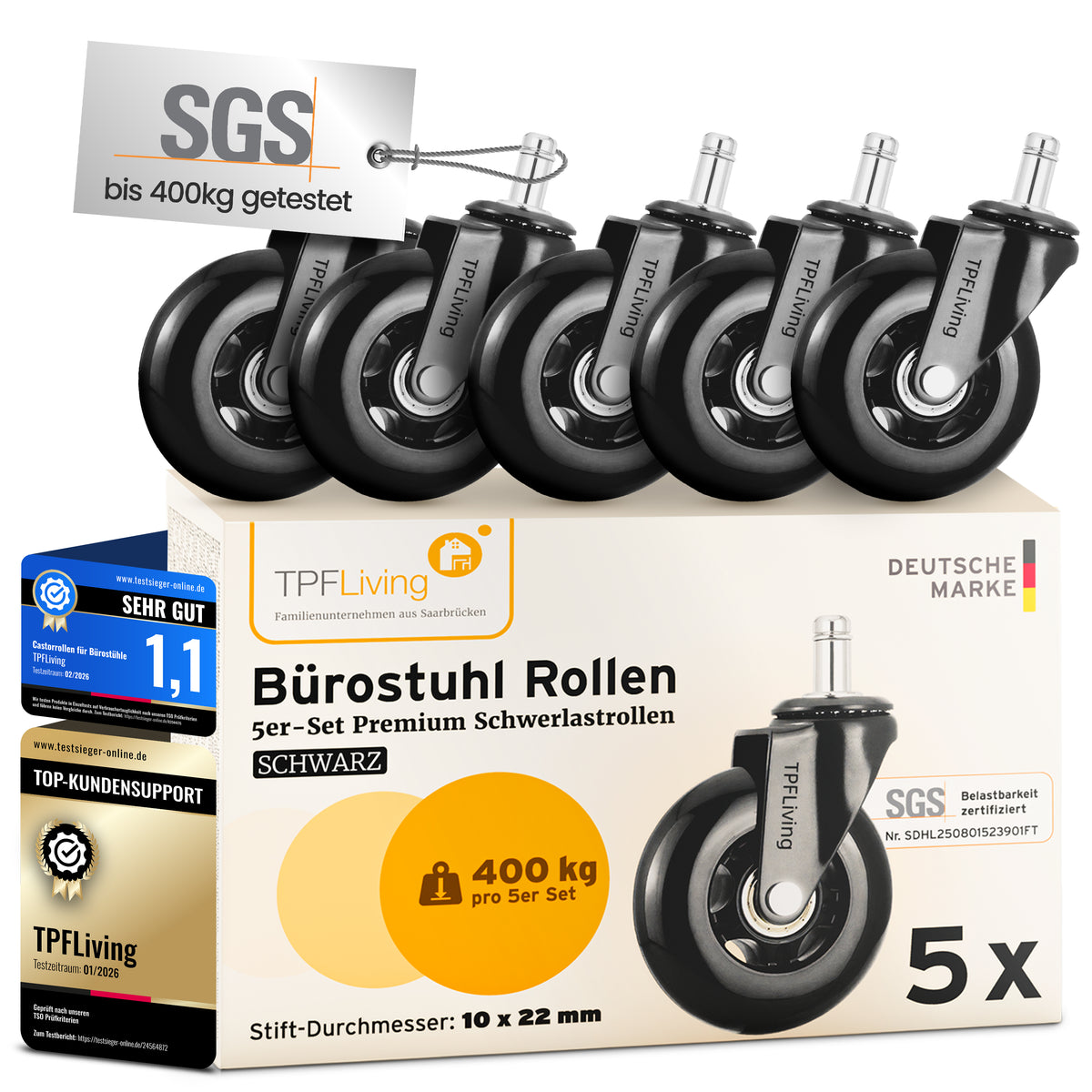 TPFLiving Premium Bürostuhlrollen – Ersatzrollen für Bürostuhl (5er Set)