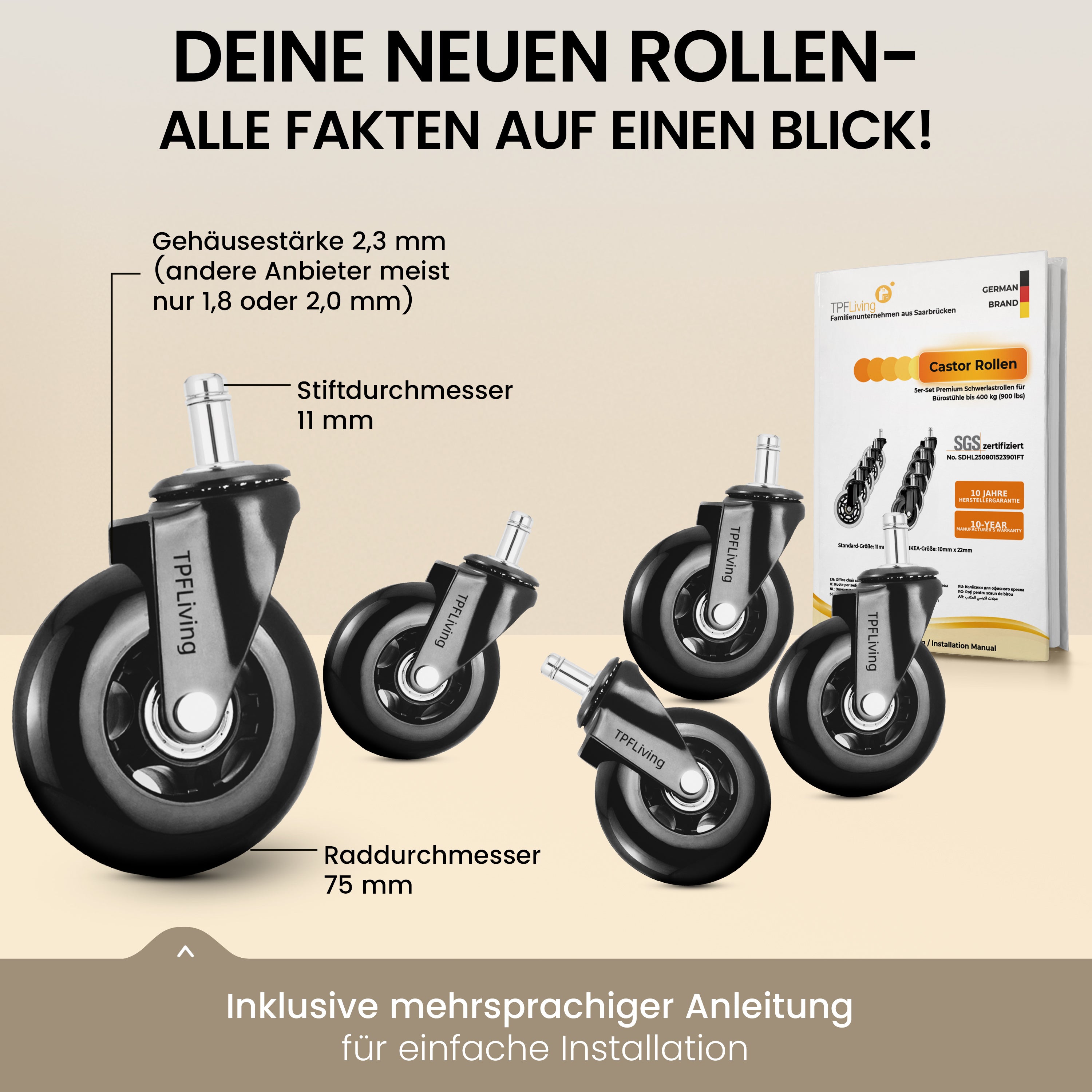 TPFLiving Premium Bürostuhlrollen – Ersatzrollen für Bürostuhl (5er Set)