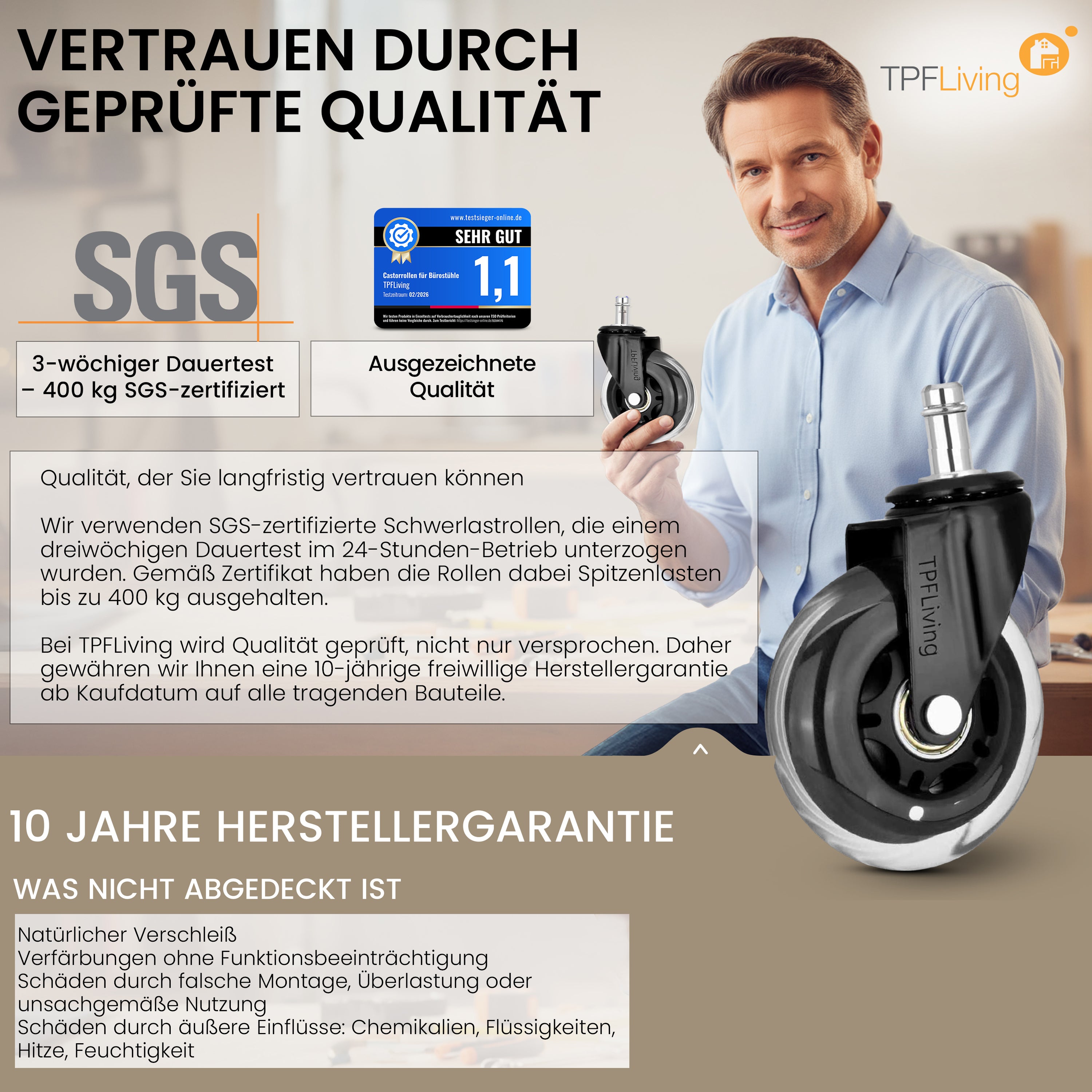 TPFLiving Premium Bürostuhlrollen – Ersatzrollen für Bürostuhl (5er Set)