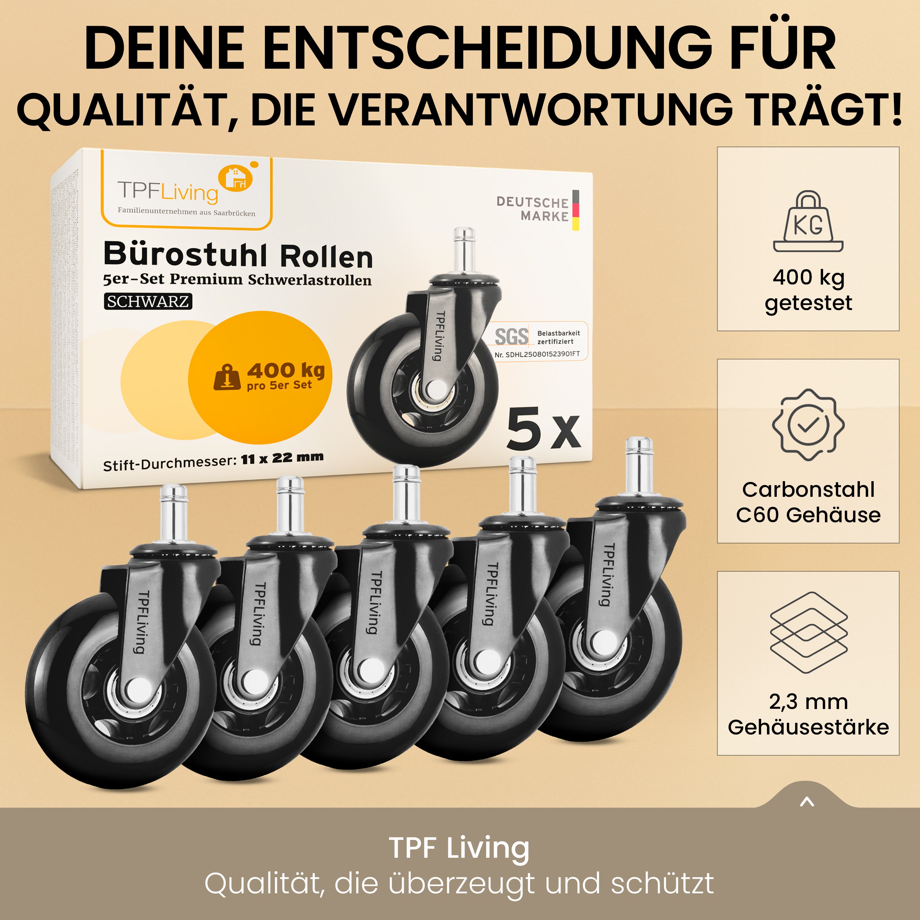 TPFLiving Premium Bürostuhlrollen – Ersatzrollen für Bürostuhl (5er Set)