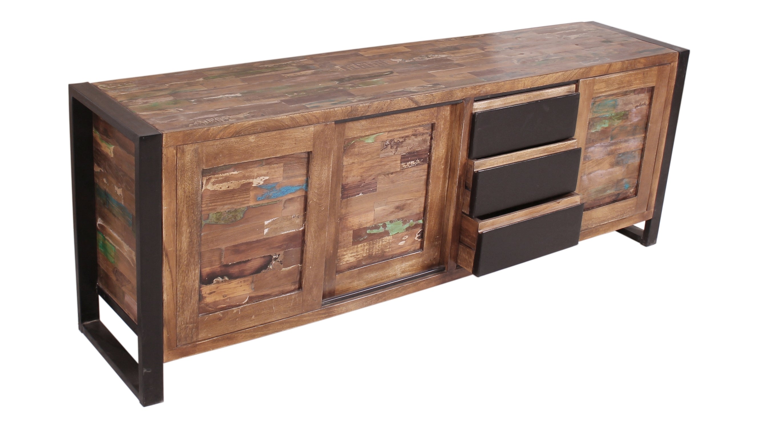 TPFLiving Sideboard Melvin Altholz mit Altmetall natur mit bunt, Metall antikschwarz