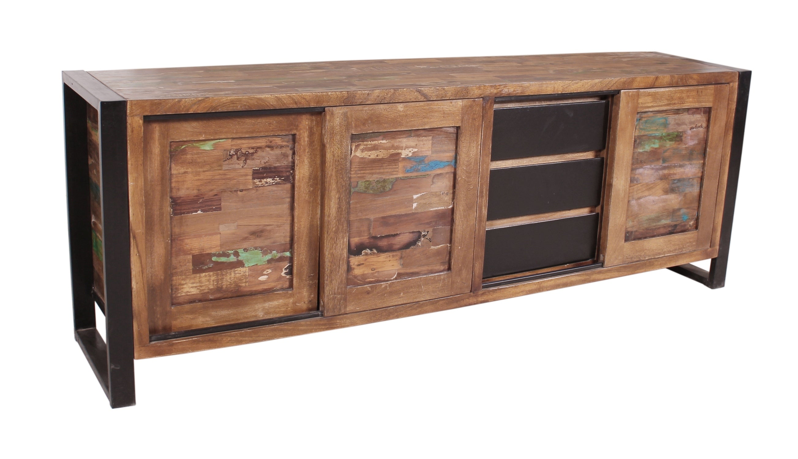 TPFLiving Sideboard Melvin Altholz mit Altmetall natur mit bunt, Metall antikschwarz