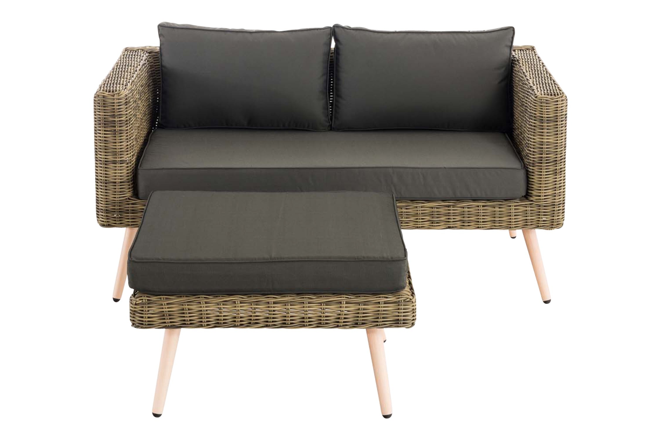 TPFGarden 2er Sofa Moldau mit Fußhocker Rundrattan natura 40 cm (Hellbraun)