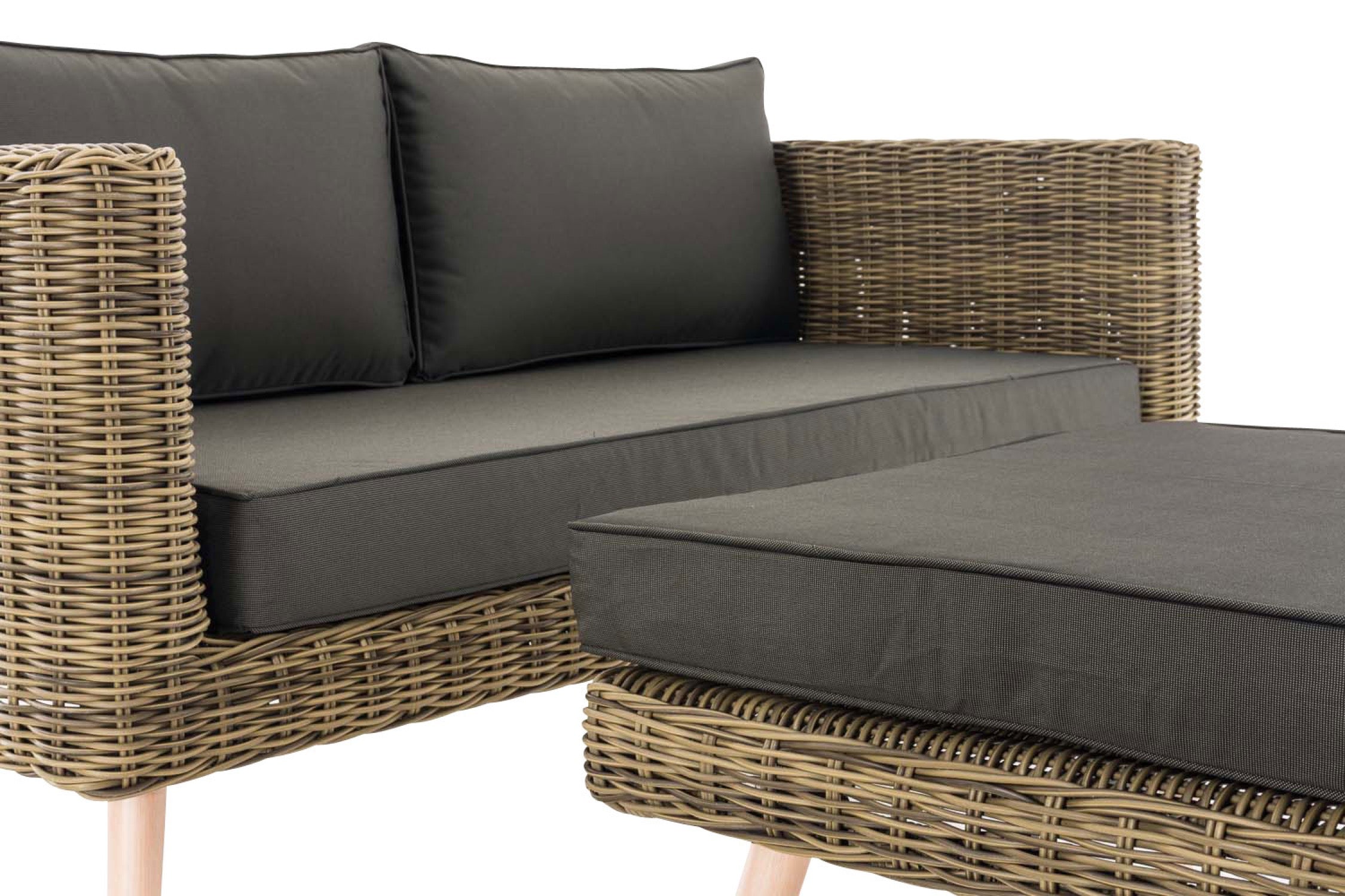 TPFGarden 2er Sofa Moldau mit Fußhocker Rundrattan natura 40 cm (Hellbraun)