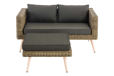 TPFGarden 2er Sofa Moldau mit Fußhocker Rundrattan natura 45 cm (Hellbraun)