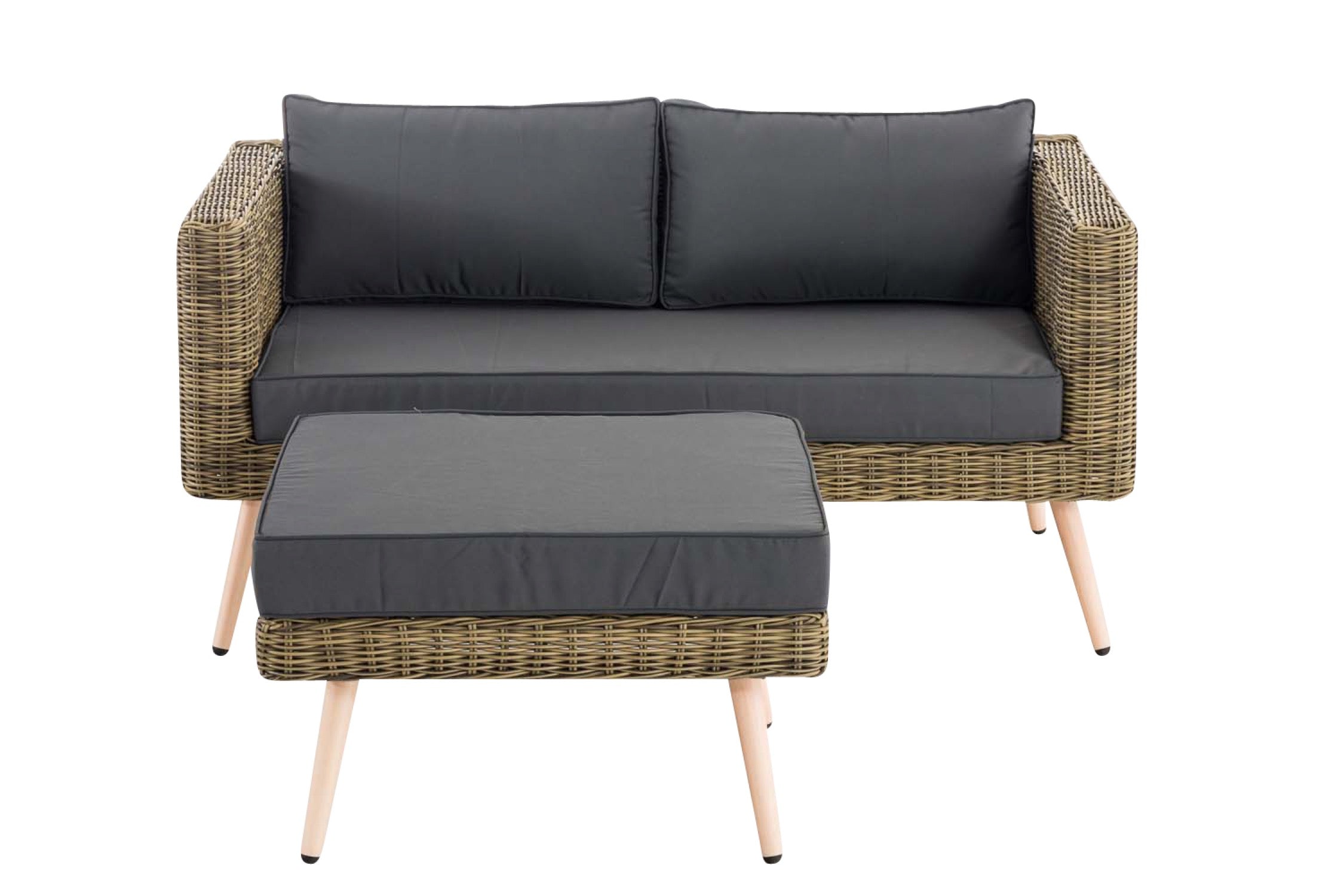 TPFGarden 2er Sofa Moldau mit Fußhocker Rundrattan natura 40 cm (Hellbraun)