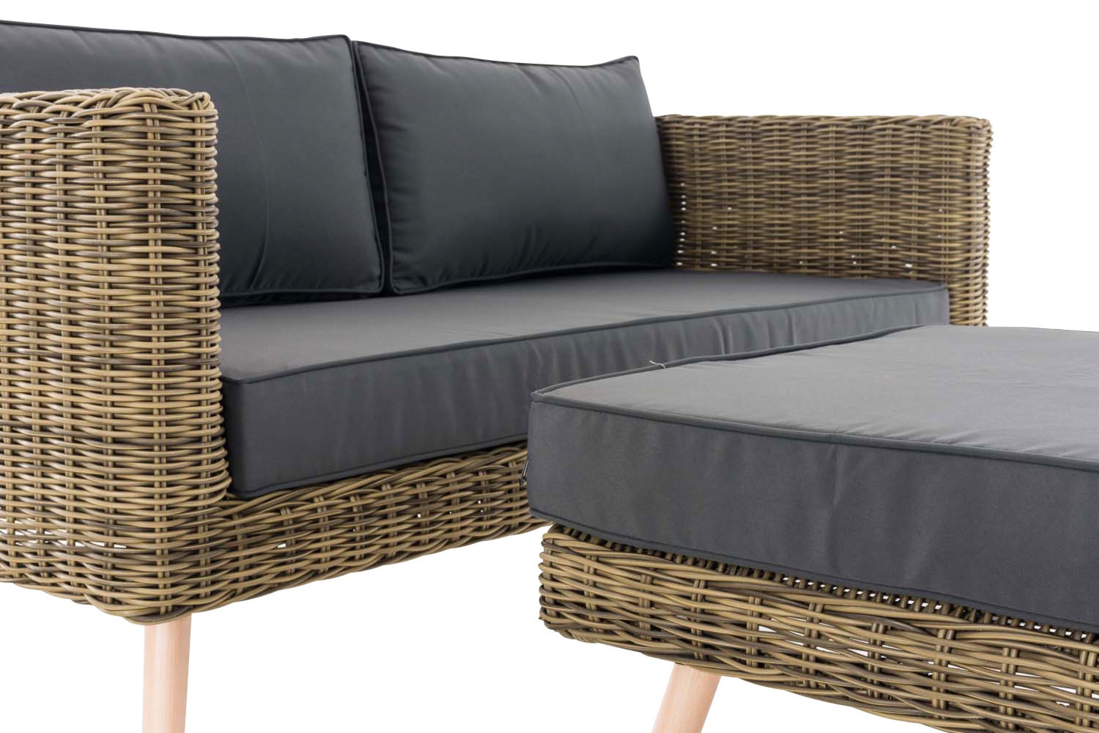 TPFGarden 2er Sofa Moldau mit Fußhocker Rundrattan natura 40 cm (Hellbraun)