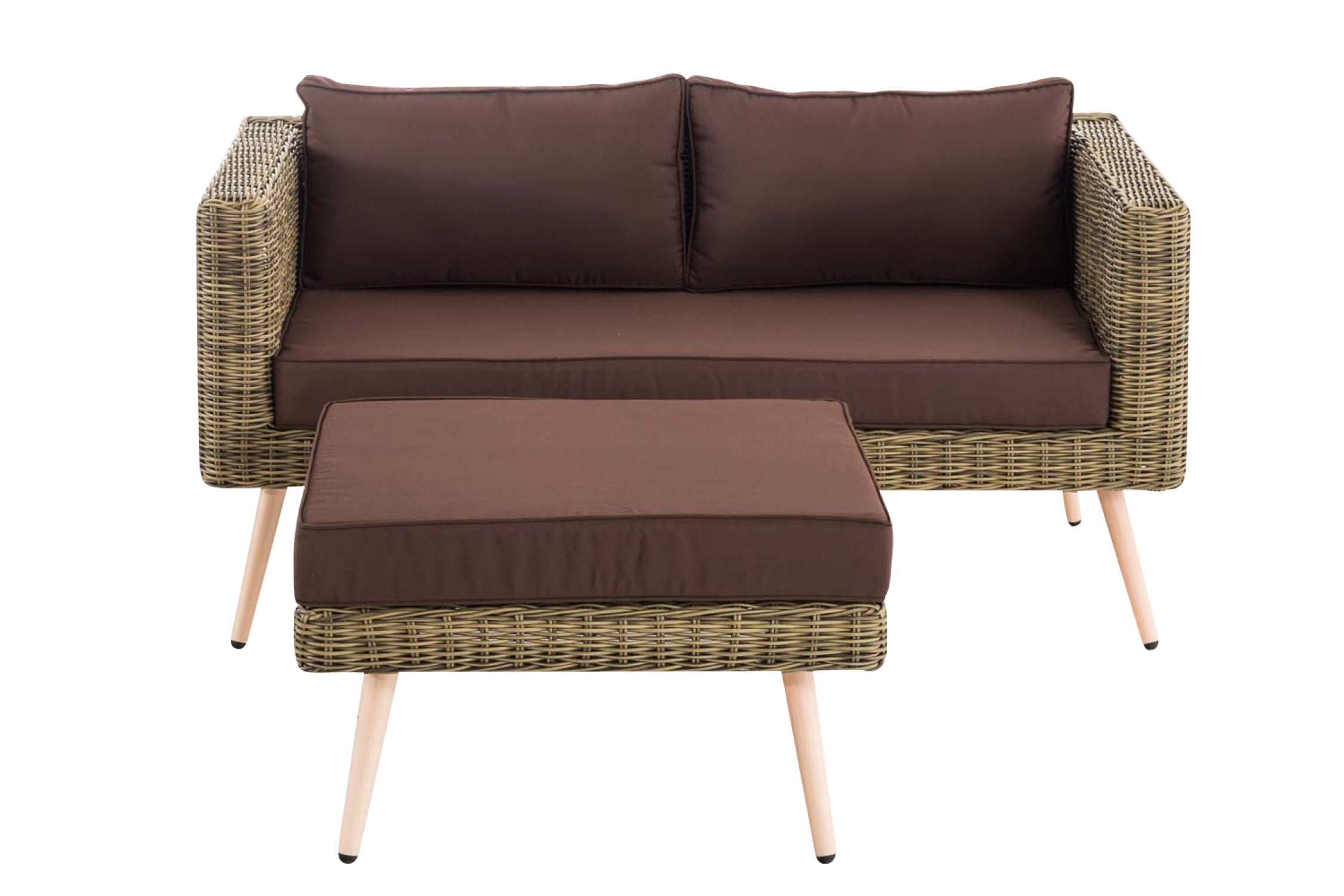 TPFGarden 2er Sofa Moldau mit Fußhocker Rundrattan natura 40 cm (Hellbraun)