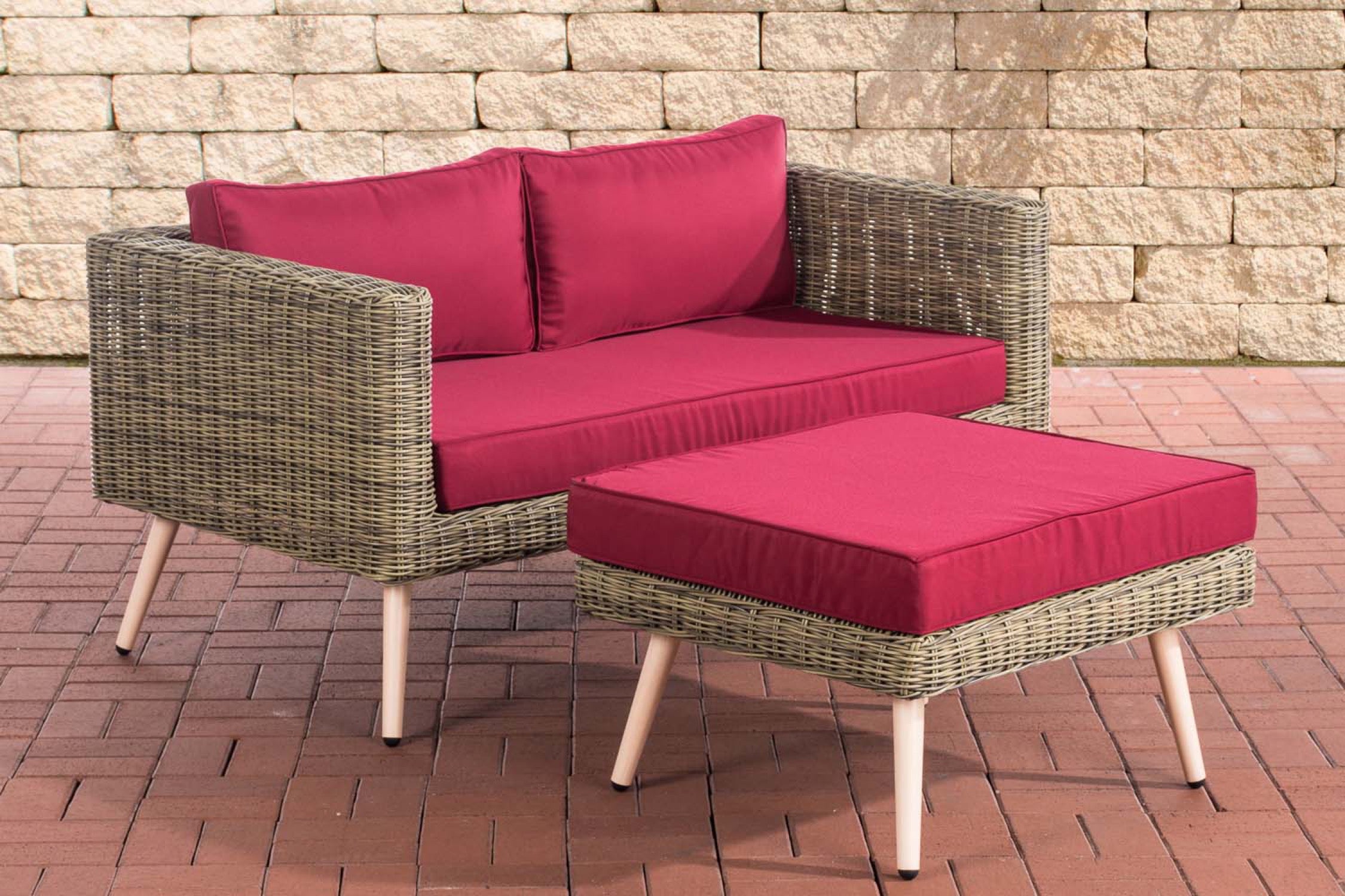 TPFGarden 2er Sofa Moldau mit Fußhocker Rundrattan natura 45 cm (Hellbraun)