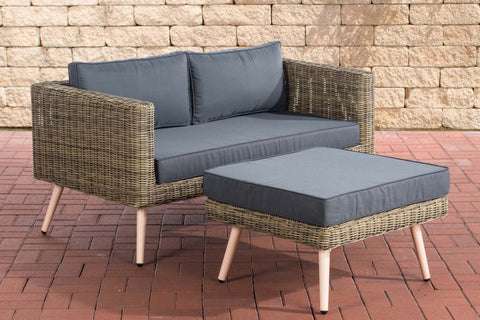 TPFGarden 2er Sofa Moldau mit Fußhocker Rundrattan natura 45 cm (Hellbraun)