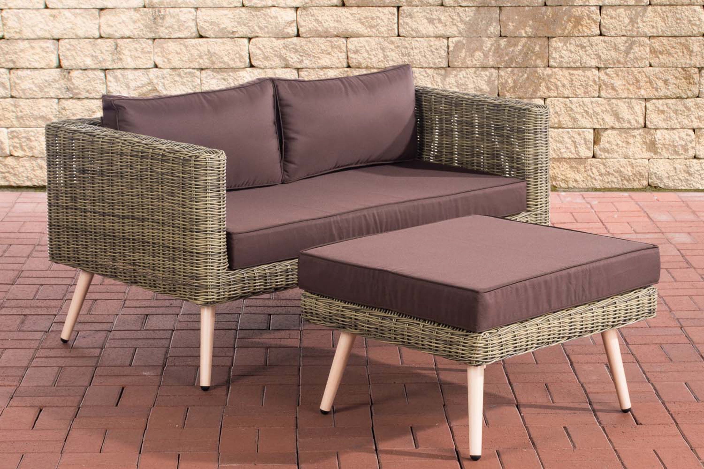 TPFGarden 2er Sofa Moldau mit Fußhocker Rundrattan natura 45 cm (Hellbraun)