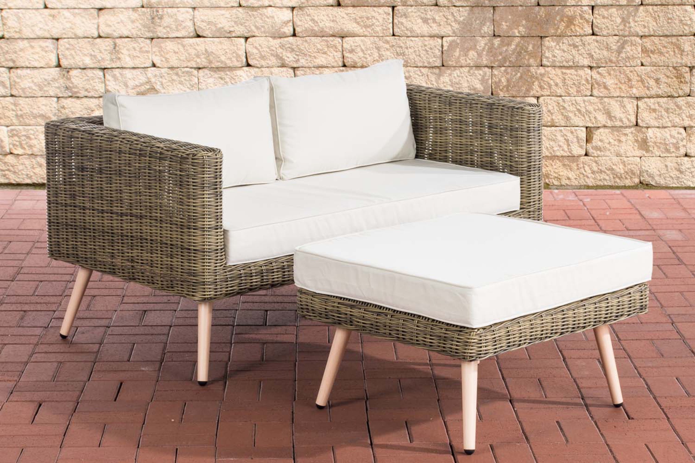 TPFGarden 2er Sofa Moldau mit Fußhocker Rundrattan natura 45 cm (Hellbraun)