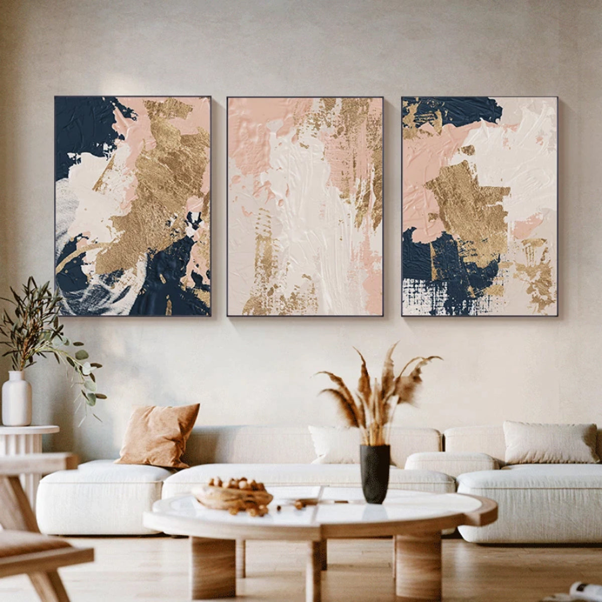 TPFLiving Luxus Poster Leinwand / Abstrakte Malerei in Rosa, Beige, Gold, Schwarz / 3 Motive in 7 verschiedene Größen - OHNE Rahmen - Modell TPFL-LW-41-MOT670-3PCS Set