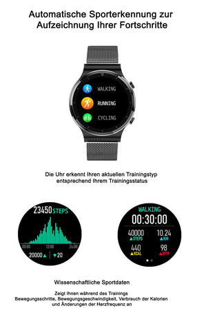 TPFNet Smart Watch / Fitness Tracker IP68 für Damen & Herren - Milanaise Armband - Android & IOS - Schwarz & Silber