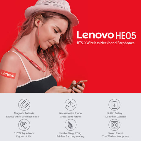 Lenovo HE05 Bluetooth headphones red