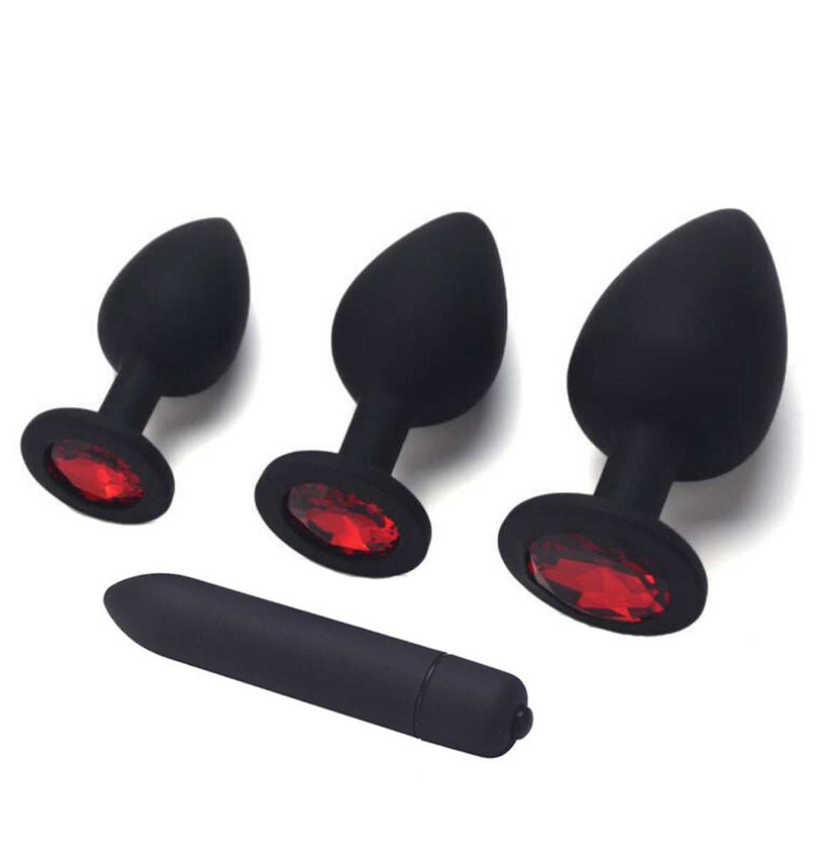 TPFSecret Juwel Analplug 4er Set mit Vibrator - mit Schmuckstein Rot - Silikon Schwarz oder Rot