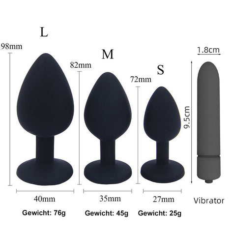 TPFSecret Juwel Analplug 4er Set mit Vibrator - mit Schmuckstein Silber - Silikon Schwarz oder Rot