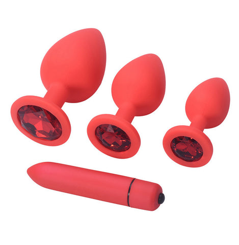 TPFSecret Juwel Analplug 4er Set mit Vibrator - mit Schmuckstein Rot - Silikon Schwarz oder Rot