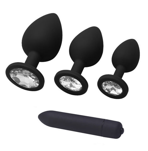 TPFSecret Juwel anal plug set of 4 with vibrator - with gemstone silver - silicone black or red