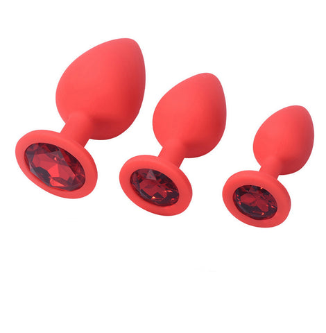 TPFSecret Juwel Analplug 3er Set - mit Schmuckstein Rot - Silikon Schwarz oder Rot