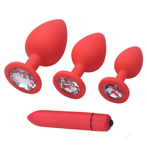 TPFSecret Juwel Analplug 4er Set mit Vibrator - mit Schmuckstein Silber - Silikon Schwarz oder Rot