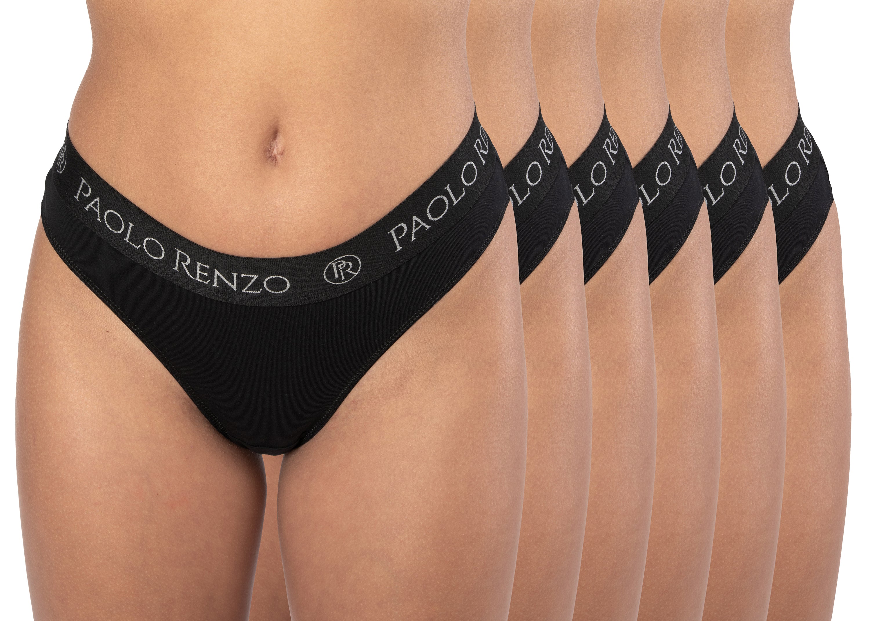Paolo Renzo® women's cotton thong SPORT LINE 3 or 6 pairs - sizes S, M, L,  XL - Black / S / 6