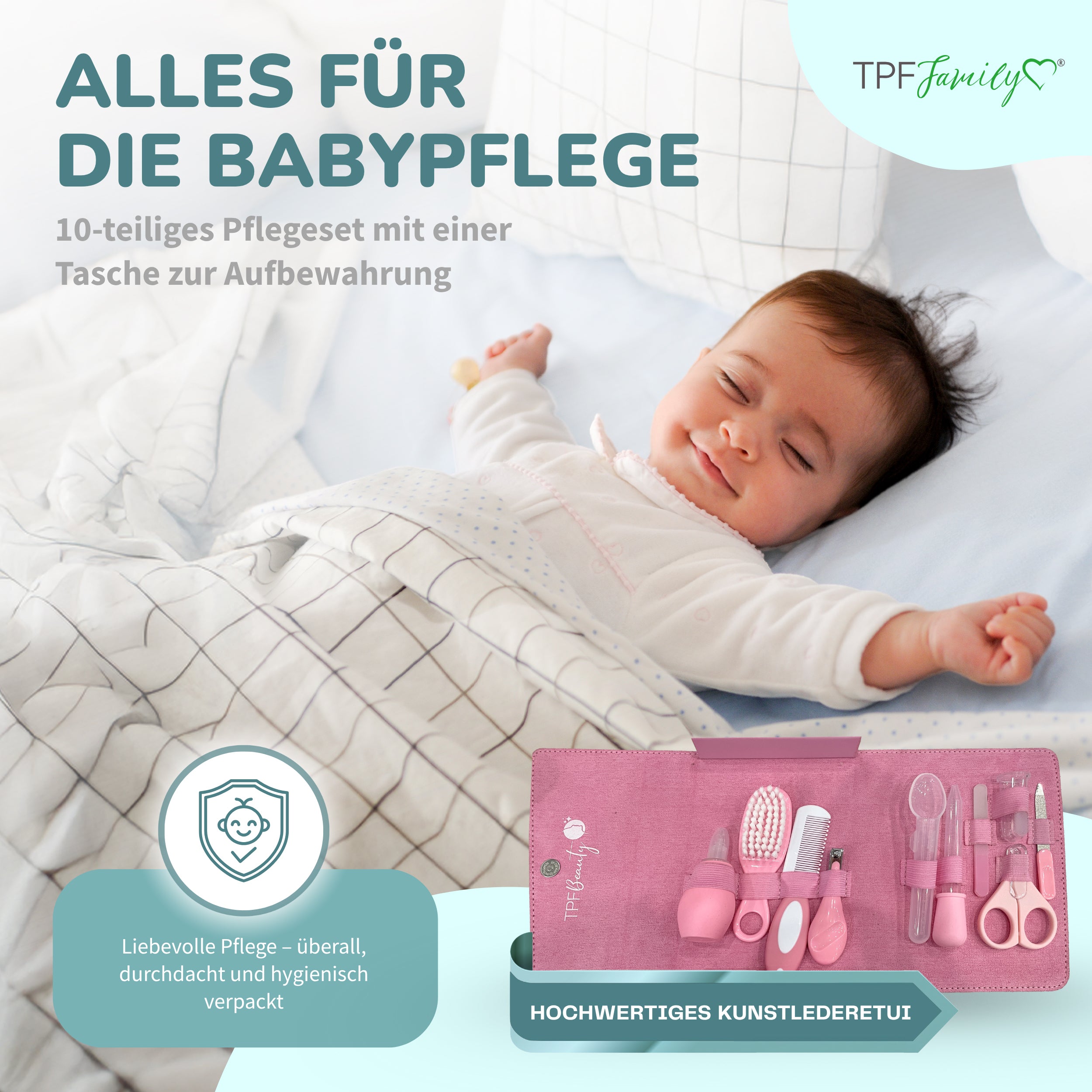 TPFFamily Baby Pflegeset Neugeborene – 10-teiliges Set mit hochwertiger Baby-Erstausstattung