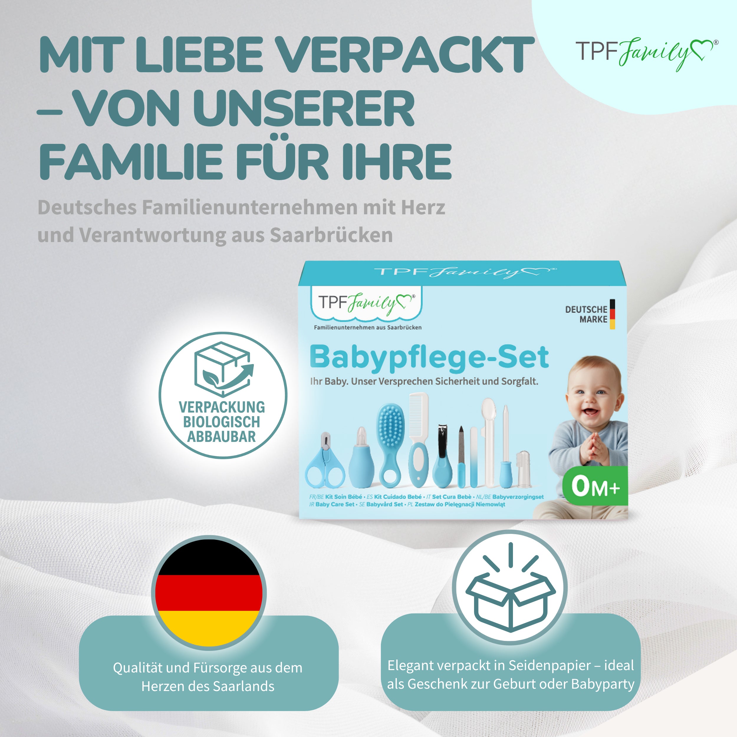 TPFFamily Baby Pflegeset Neugeborene – 10-teiliges Set mit hochwertiger Baby-Erstausstattung