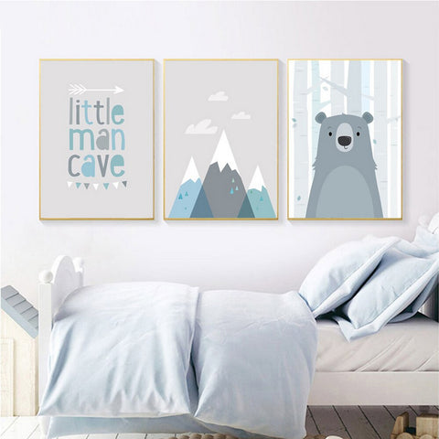 TPFLiving Poster Leinwand / Bär und Berge für Kinderzimmer, / Verschiedene Größen - OHNE Rahmen - Modell D-3PCS