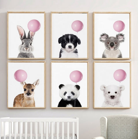 TPFLiving Poster Leinwand / Hase, Waschbär, Gans, Katze, Ente, Reh, Hund, Panda mit Luftballon - / Verschiedene Größen - OHNE Rahmen - Modell s647