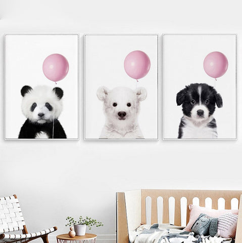 TPFLiving Poster Leinwand / Hase, Waschbär, Gans, Katze, Ente, Reh, Hund, Panda mit Luftballon - / Verschiedene Größen - OHNE Rahmen - Modell s647