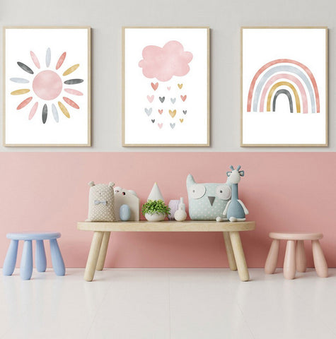TPFLiving Poster Leinwand / Sonne, Wolken, Herzen, Regenbogen für Kinderzimmer - Auch im 3er Set / Verschiedene Größen - OHNE Rahmen - Modell b3019
